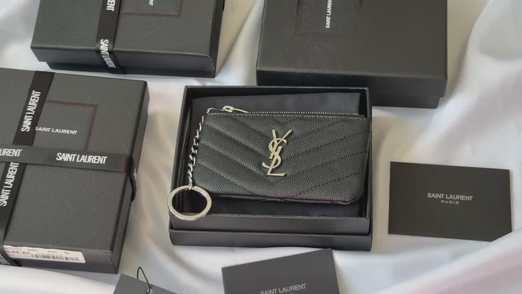 YSL cassandre matelassé key pouch IN Calfskin Leather 438386 Black Silver