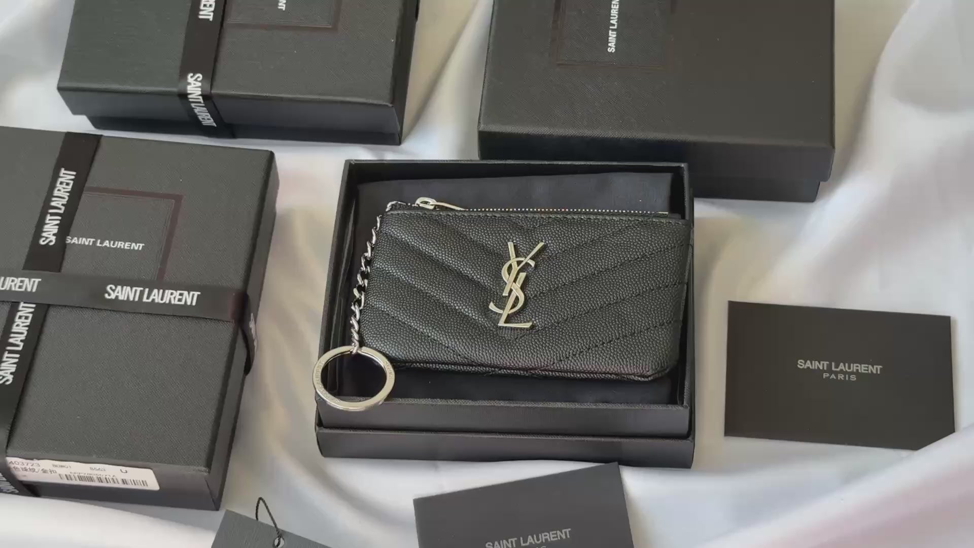 YSL cassandre matelassé key pouch IN Calfskin Leather 438386 Black Silver