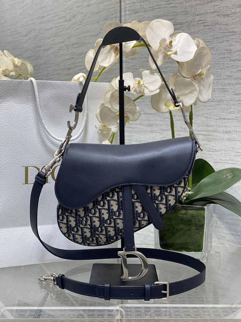 Saddle Bag with Strap M0455 Blue Dior Oblique Jacquard and Smooth Calfskin