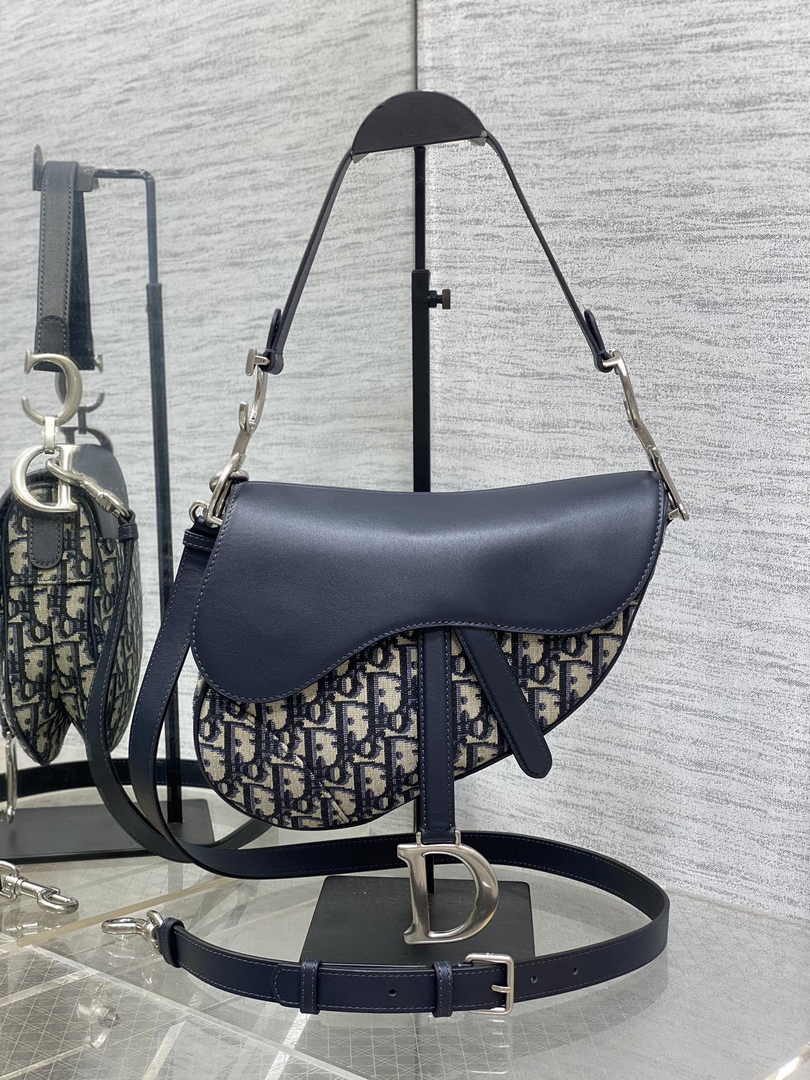 Saddle Bag with Strap M0455 Blue Dior Oblique Jacquard and Smooth Calfskin
