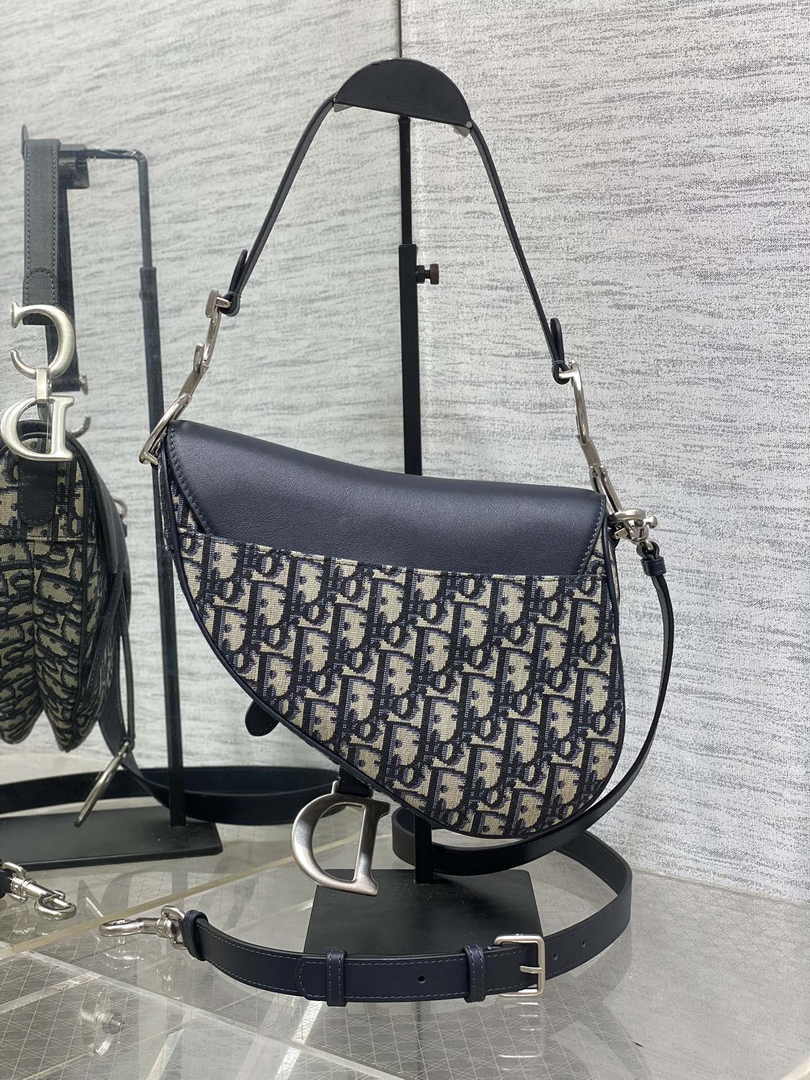 Saddle Bag with Strap M0455 Blue Dior Oblique Jacquard and Smooth Calfskin