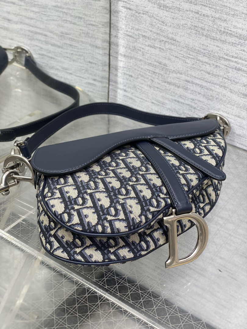 Saddle Bag with Strap M0455 Blue Dior Oblique Jacquard and Smooth Calfskin