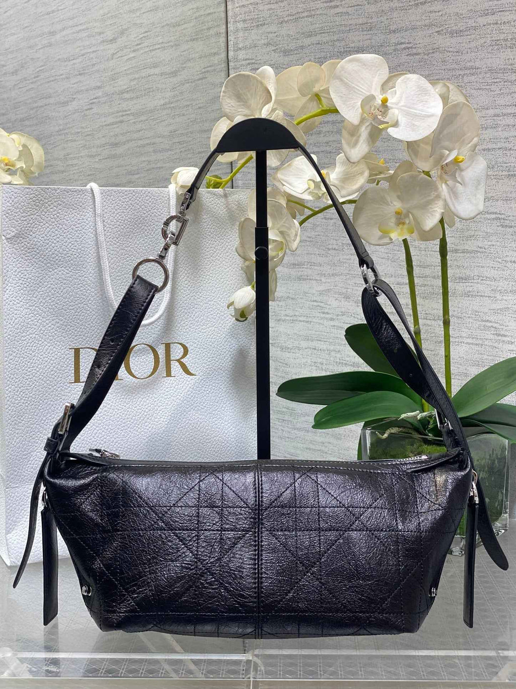 Small D-Journey Bag in Crinkled Calfskin - M2416 - Black Flat Macrocannage - Default Title - View 1