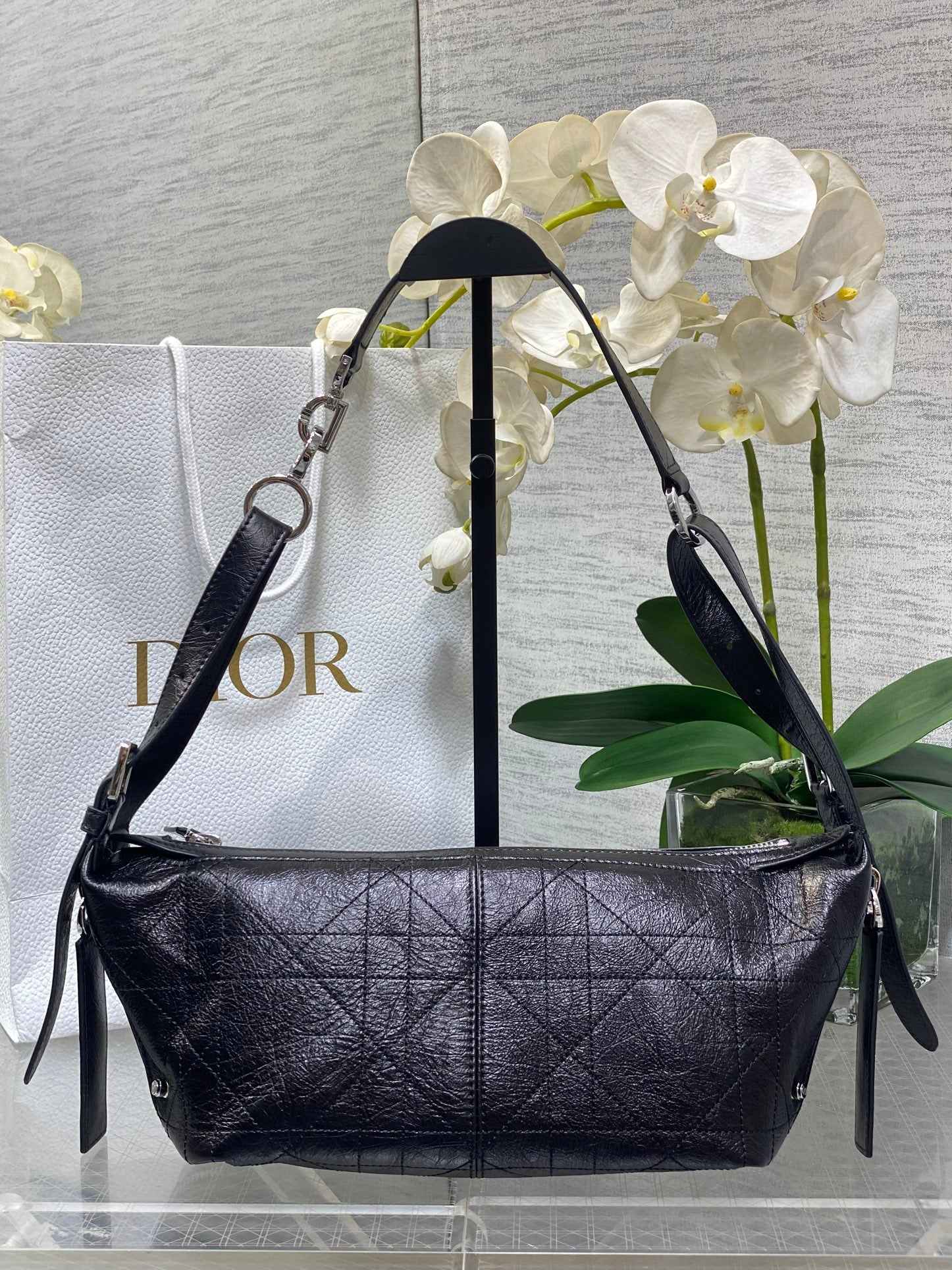 Small D-Journey Bag in Crinkled Calfskin - M2416 - Black Flat Macrocannage - Default Title - View 1