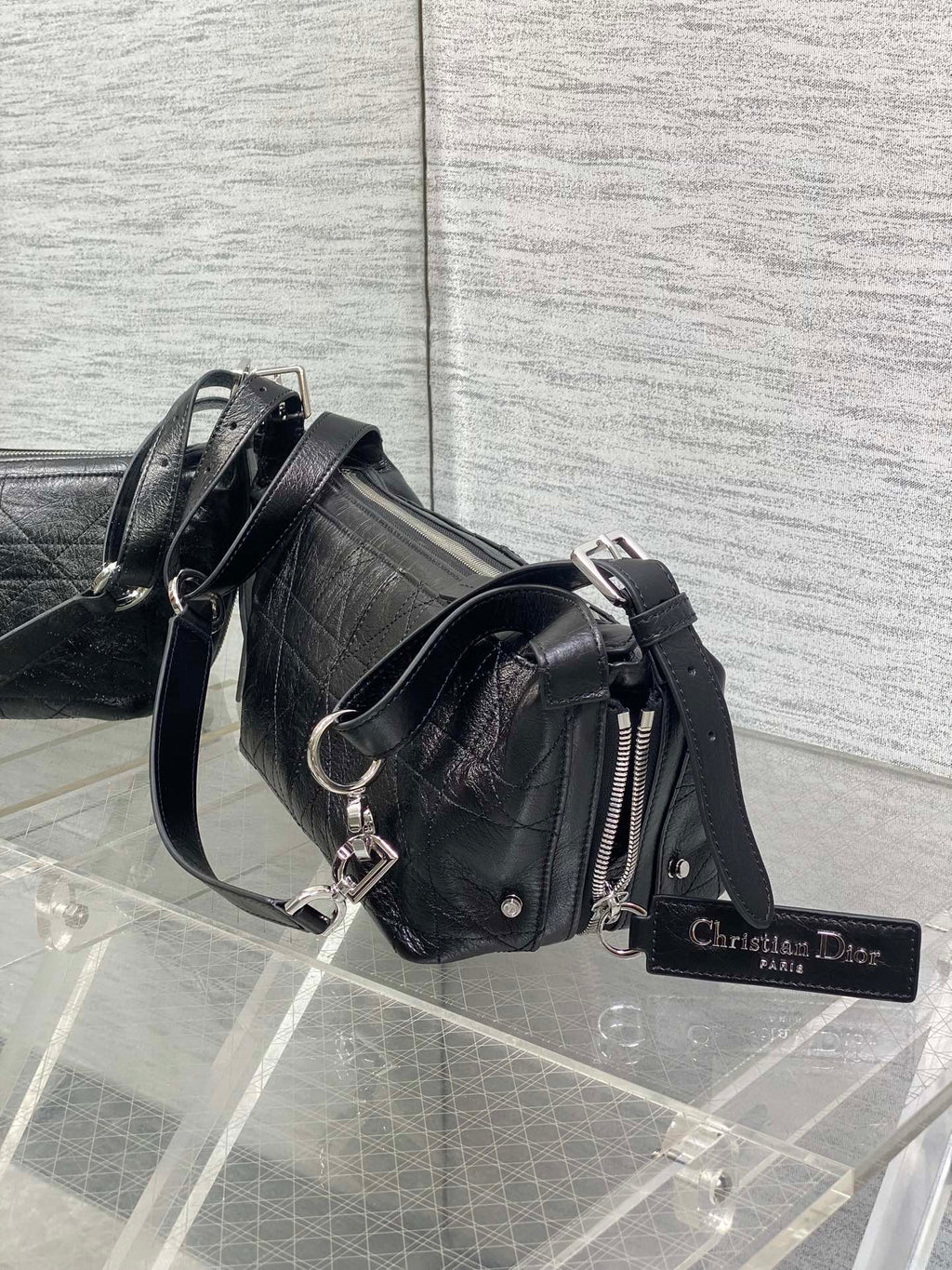 Small D-Journey Bag in Crinkled Calfskin - M2416 - Black Flat Macrocannage - Default Title - View 7