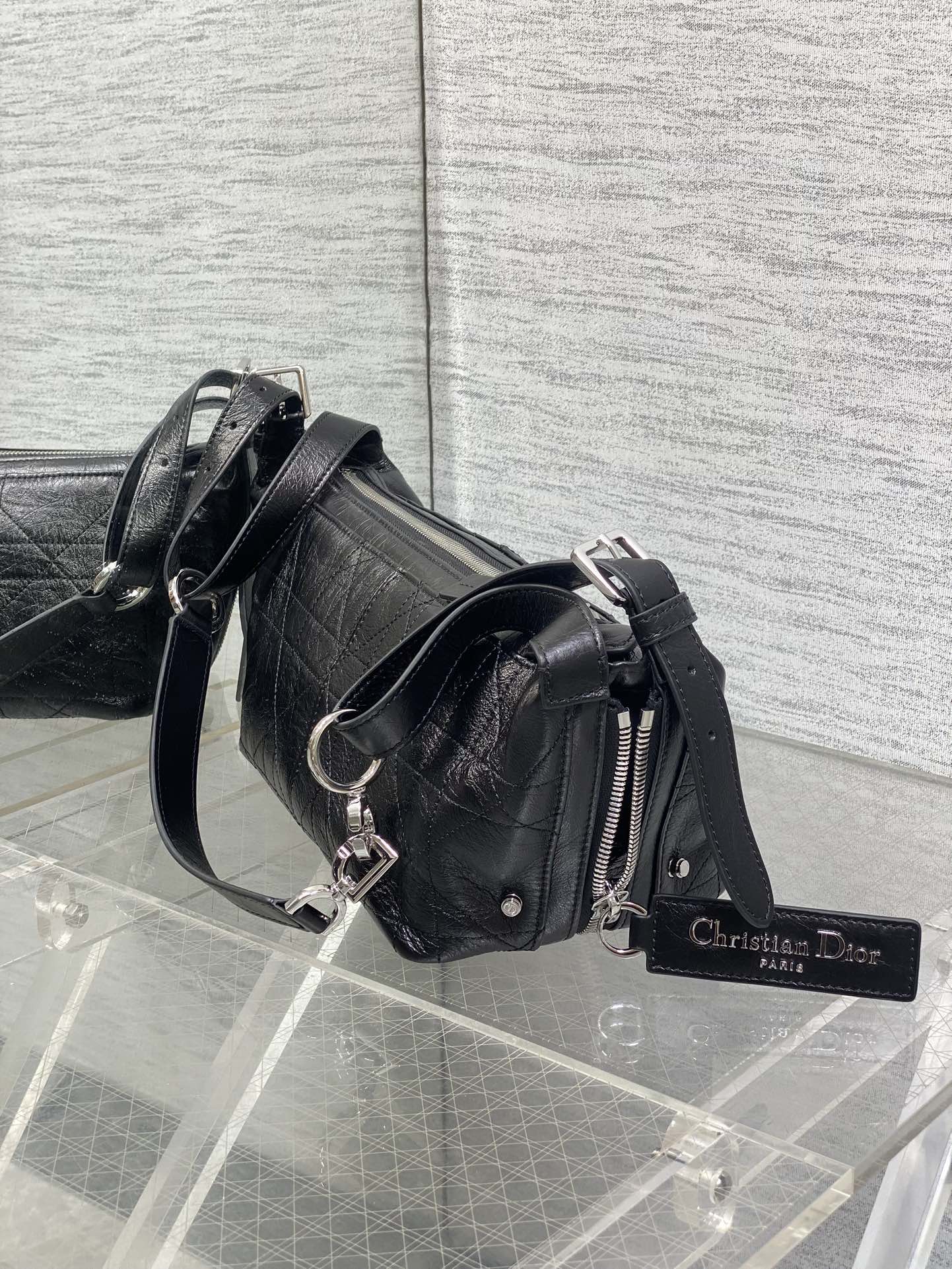 Small D-Journey Bag in Crinkled Calfskin - M2416 - Black Flat Macrocannage - Default Title - View 7