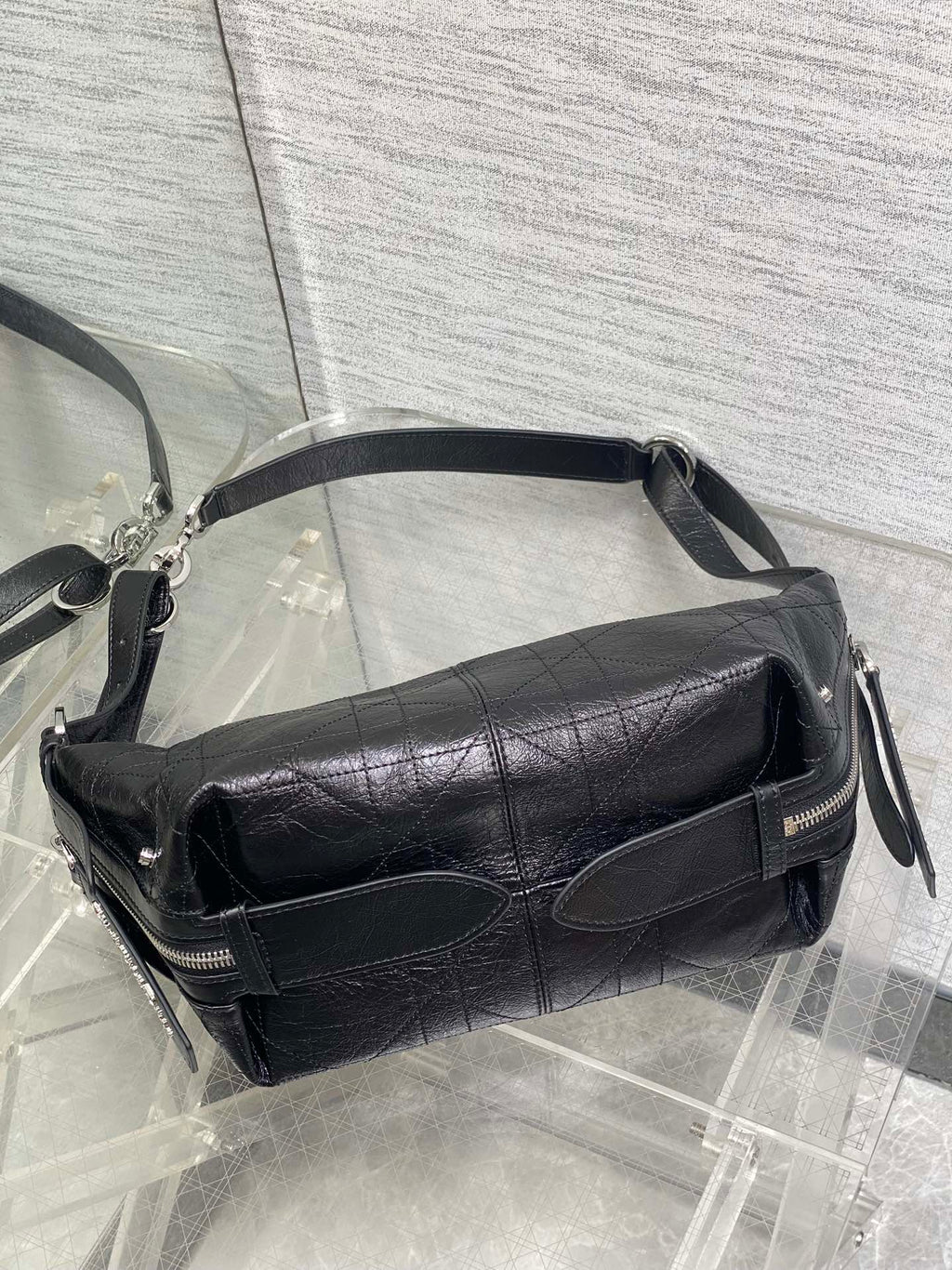 Small D-Journey Bag in Crinkled Calfskin - M2416 - Black Flat Macrocannage - Default Title - View 8