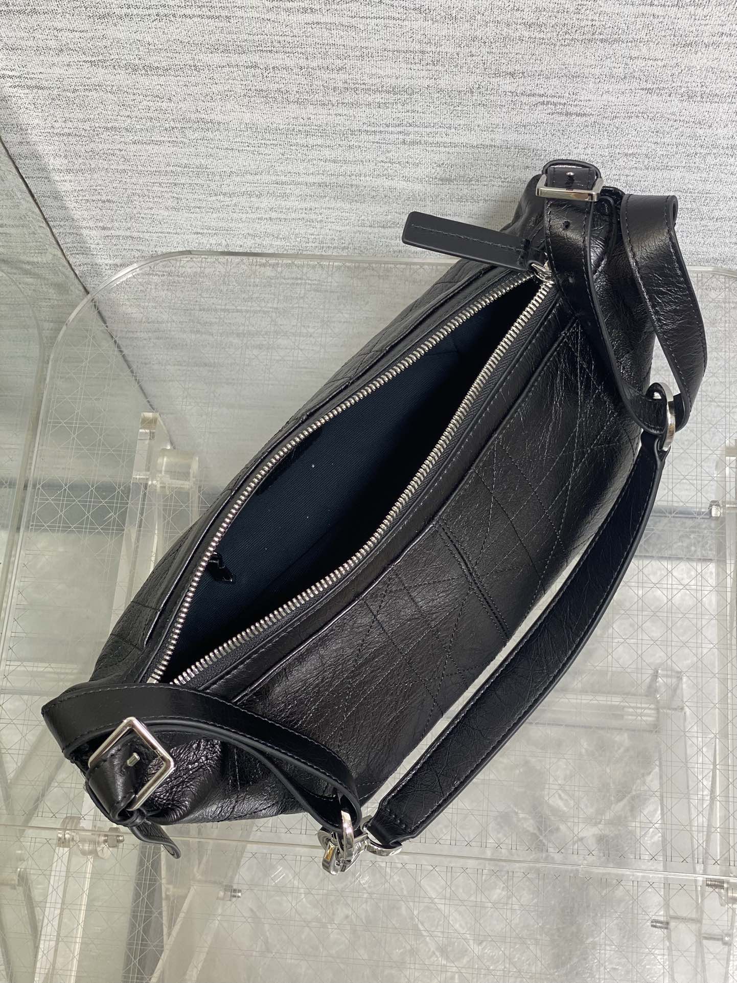 Small D-Journey Bag in Crinkled Calfskin - M2416 - Black Flat Macrocannage - Default Title - View 9