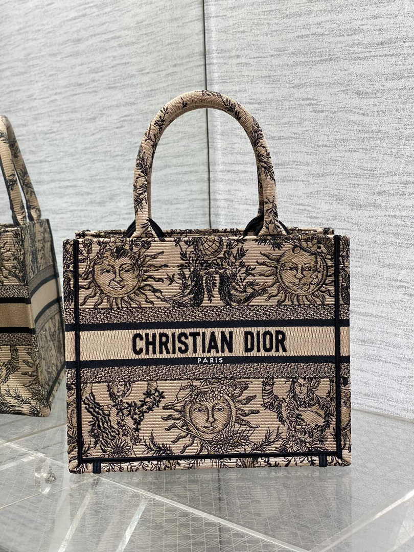 Small Dior Book Tote M1265 Beige and Black Toile de Jouy Soleil Embroidery - Default Title - View 1
