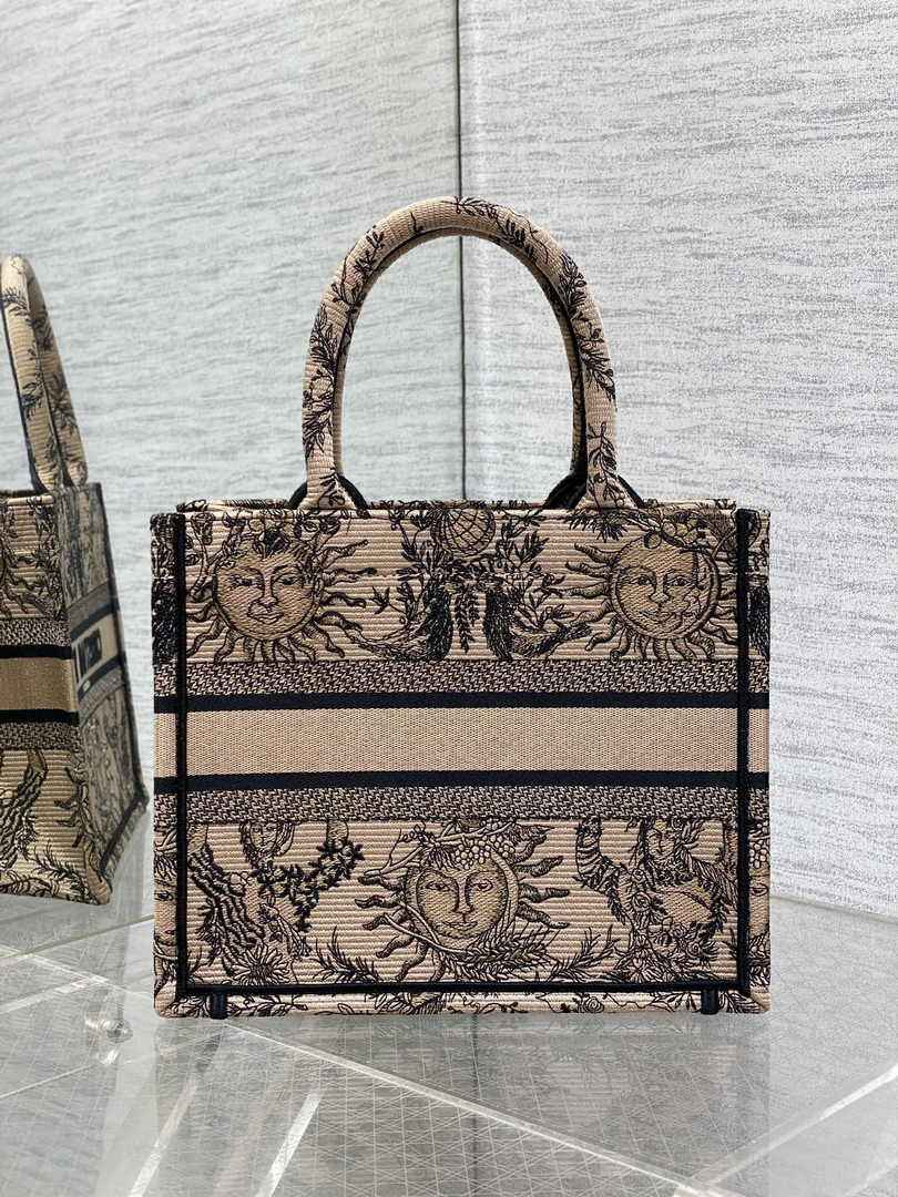 Small Dior Book Tote M1265 Beige and Black Toile de Jouy Soleil Embroidery