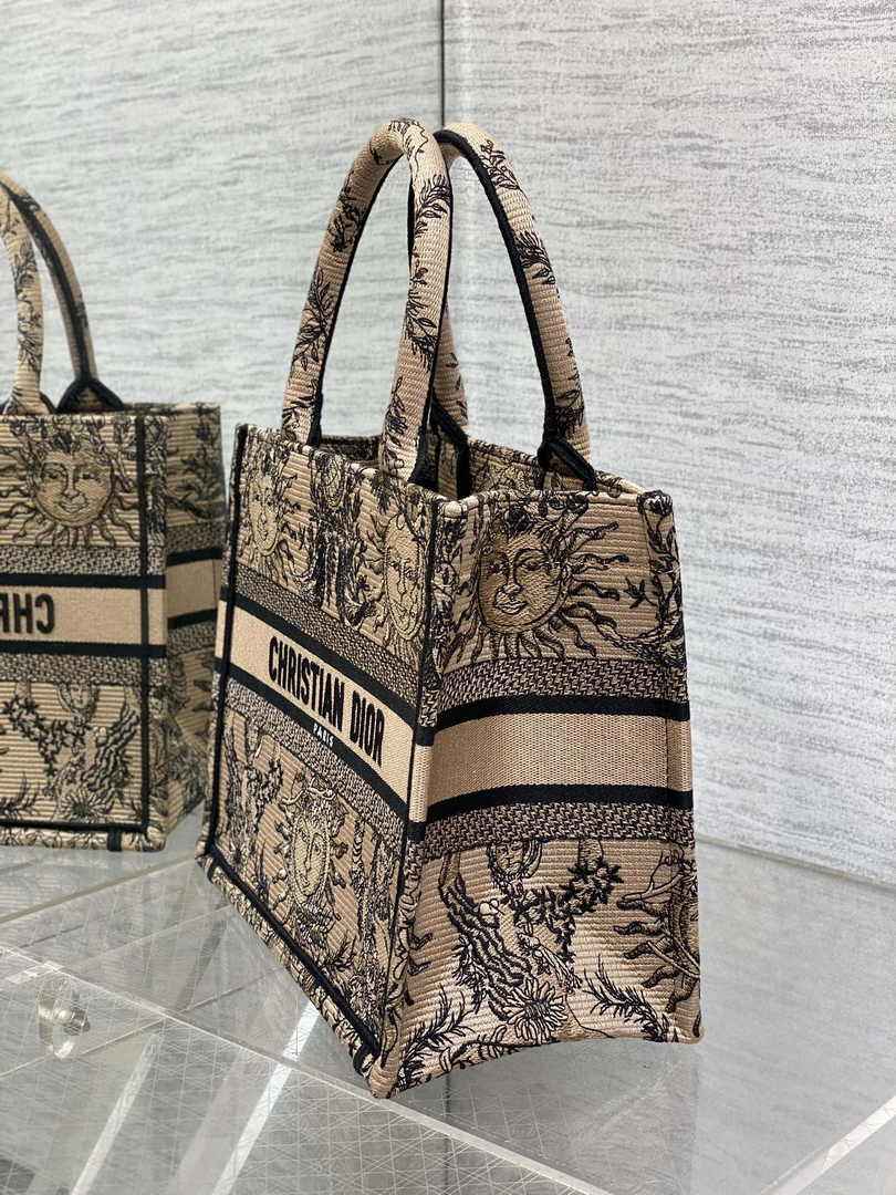 Small Dior Book Tote M1265 Beige and Black Toile de Jouy Soleil Embroidery