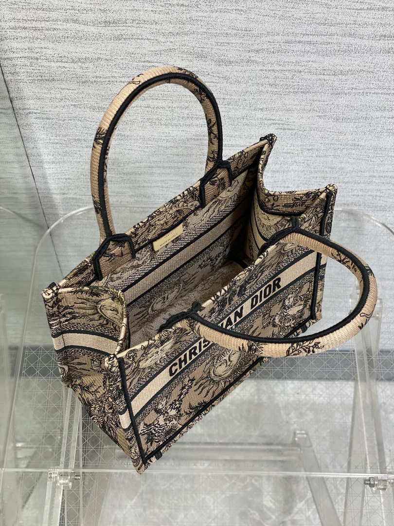 Small Dior Book Tote M1265 Beige and Black Toile de Jouy Soleil Embroidery