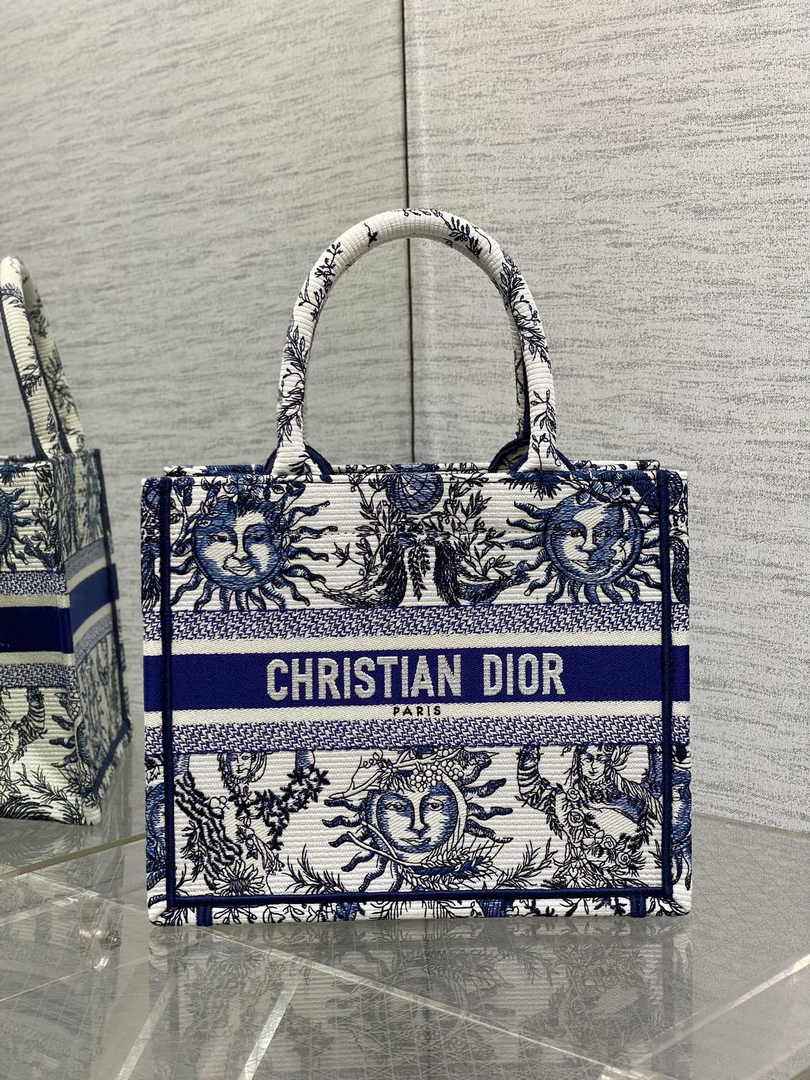 Small Dior Book Tote M1265 White and Navy Blue Toile de Jouy Soleil Embroidery