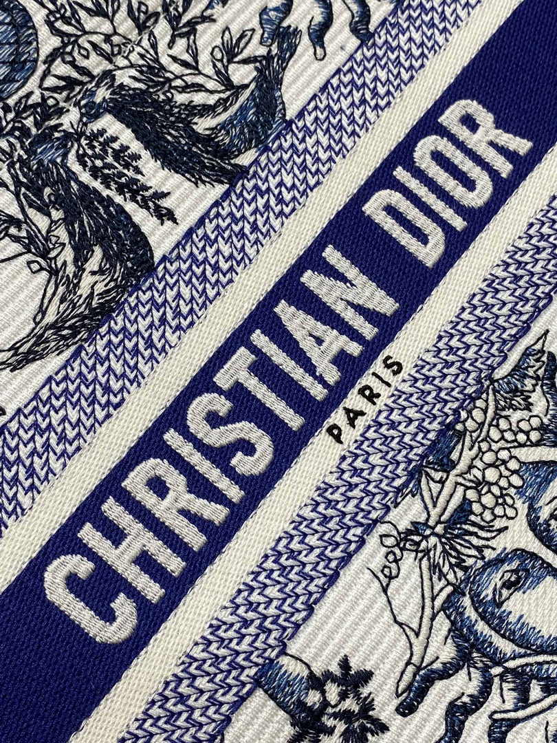 Small Dior Book Tote M1265 White and Navy Blue Toile de Jouy Soleil Embroidery
