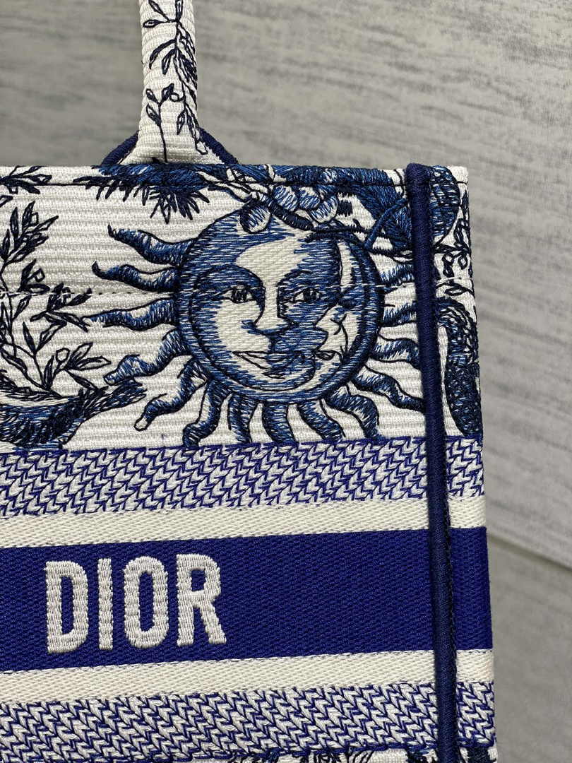 Small Dior Book Tote M1265 White and Navy Blue Toile de Jouy Soleil Embroidery