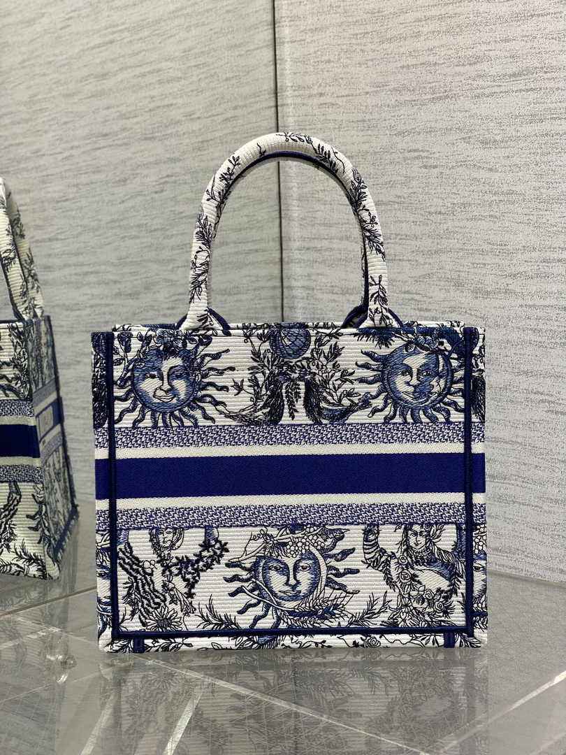 Small Dior Book Tote M1265 White and Navy Blue Toile de Jouy Soleil Embroidery