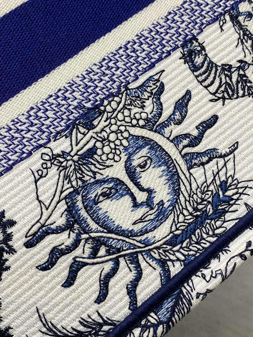 Small Dior Book Tote M1265 White and Navy Blue Toile de Jouy Soleil Embroidery