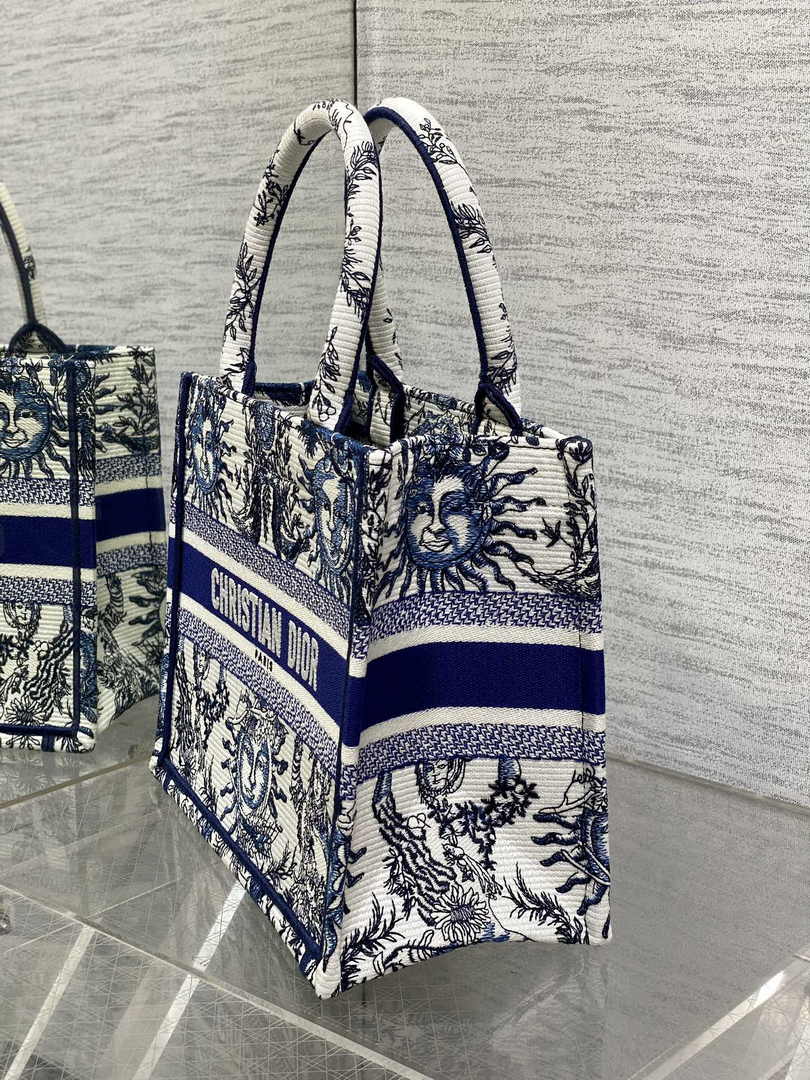 Small Dior Book Tote M1265 White and Navy Blue Toile de Jouy Soleil Embroidery