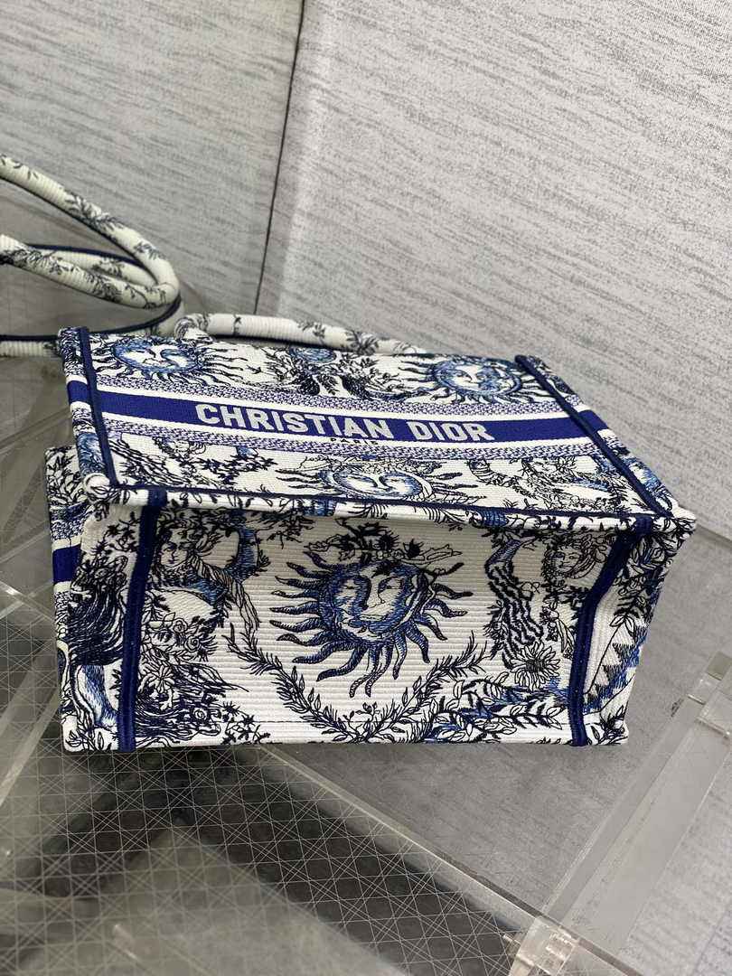 Small Dior Book Tote M1265 White and Navy Blue Toile de Jouy Soleil Embroidery