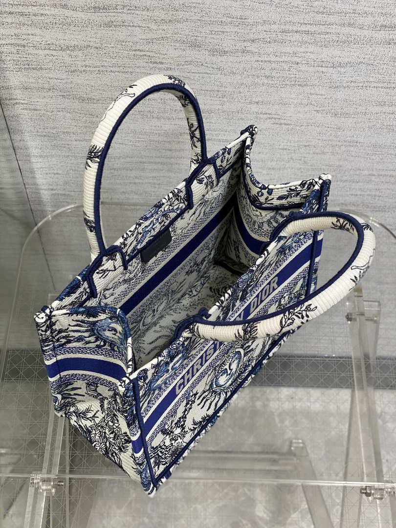 Small Dior Book Tote M1265 White and Navy Blue Toile de Jouy Soleil Embroidery