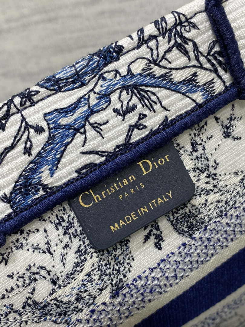 Small Dior Book Tote M1265 White and Navy Blue Toile de Jouy Soleil Embroidery