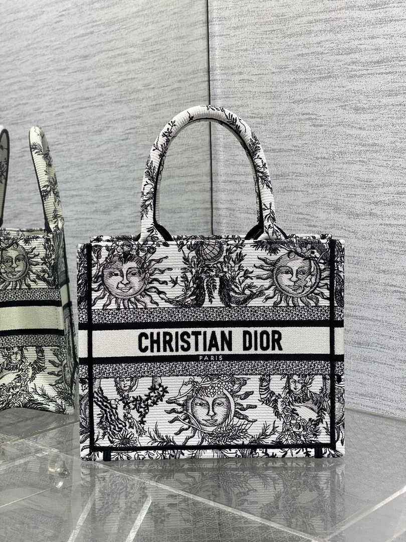 Small Dior Book Tote M1265 White and Black Toile de Jouy Soleil Embroidery