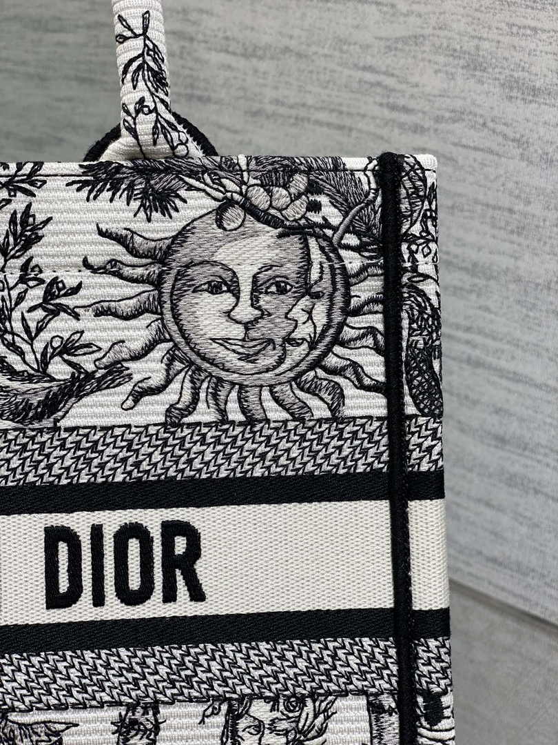 Small Dior Book Tote M1265 White and Black Toile de Jouy Soleil Embroidery