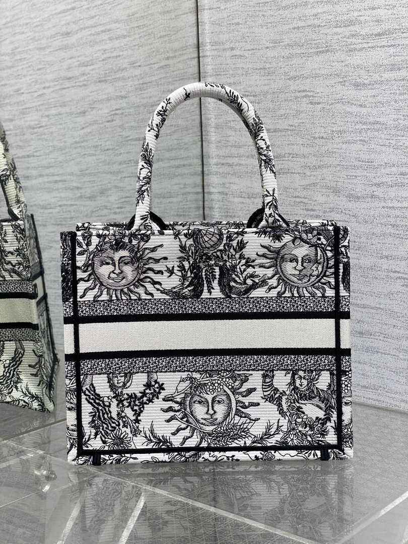 Small Dior Book Tote M1265 White and Black Toile de Jouy Soleil Embroidery