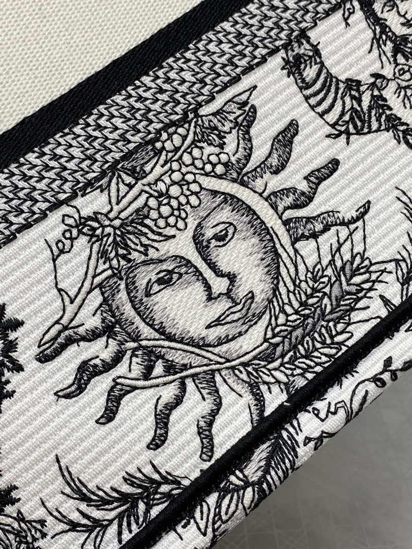 Small Dior Book Tote M1265 White and Black Toile de Jouy Soleil Embroidery