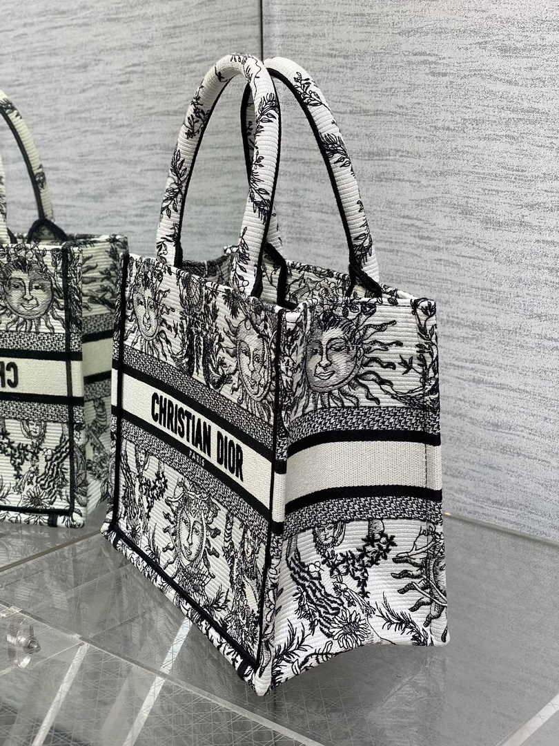 Small Dior Book Tote M1265 White and Black Toile de Jouy Soleil Embroidery