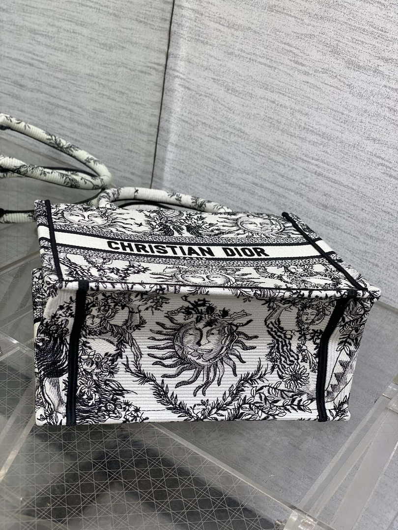 Small Dior Book Tote M1265 White and Black Toile de Jouy Soleil Embroidery
