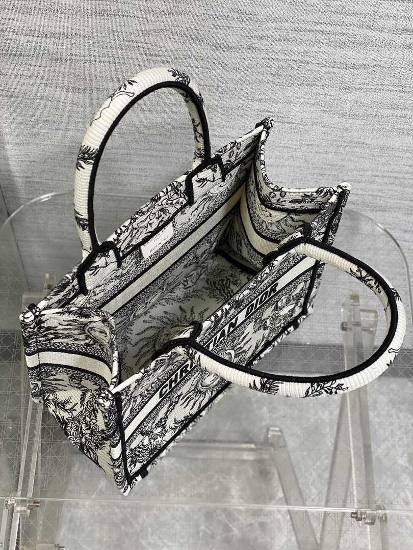 Small Dior Book Tote M1265 White and Black Toile de Jouy Soleil Embroidery