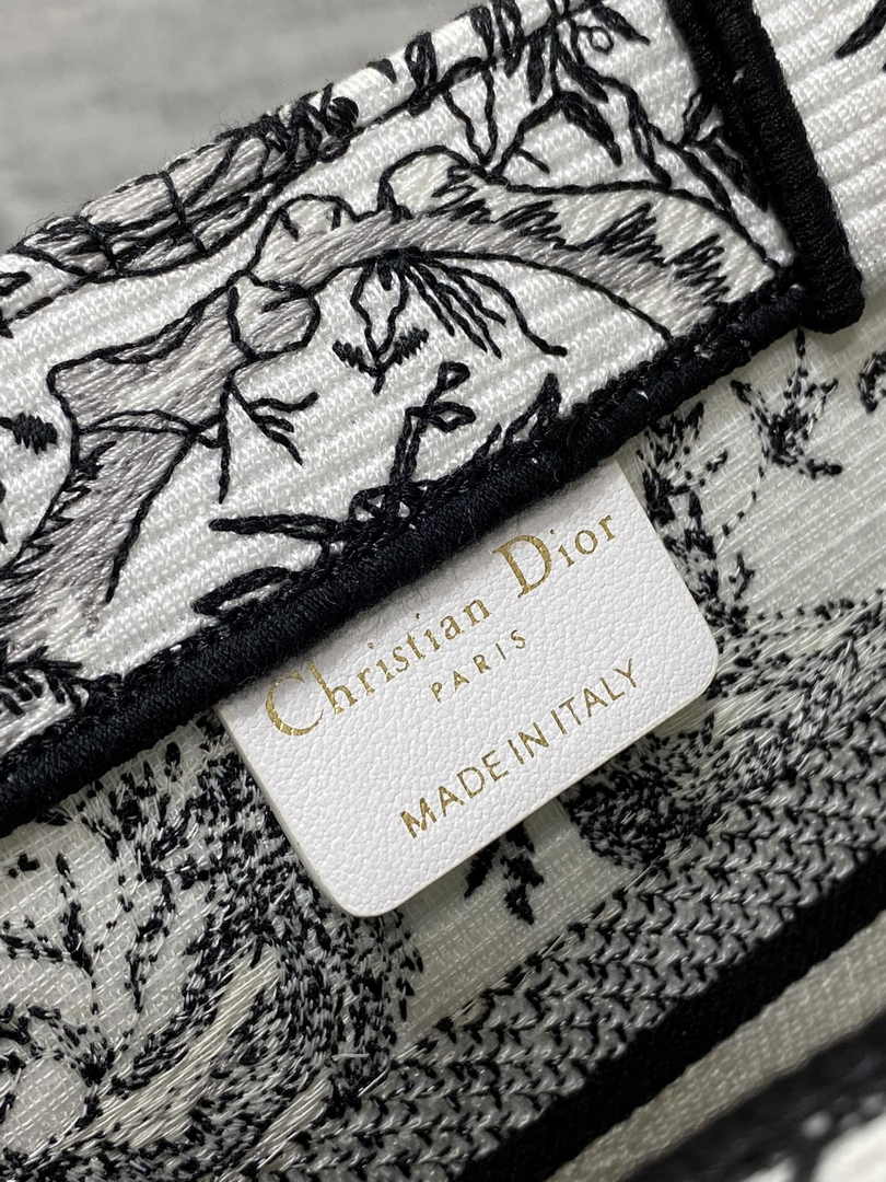 Small Dior Book Tote M1265 White and Black Toile de Jouy Soleil Embroidery