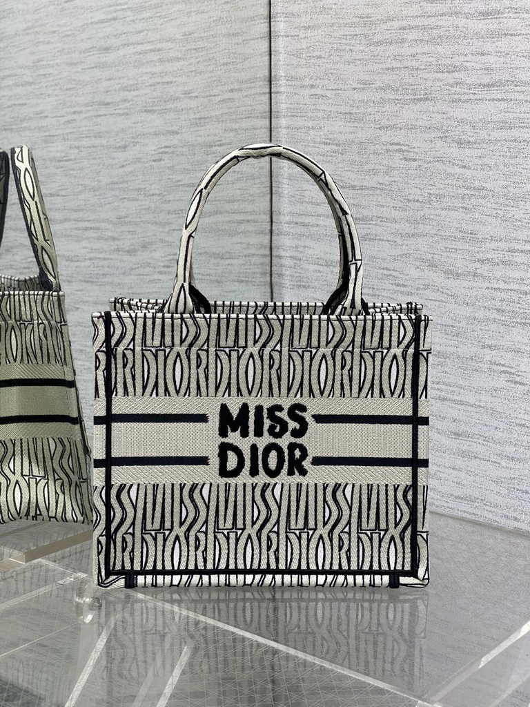 Small Dior Book Tote M1265 Pale Beige and Black Miss Dior Allover Embroidery