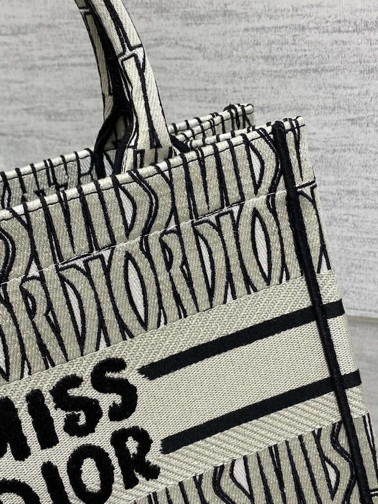 Small Dior Book Tote M1265 Pale Beige and Black Miss Dior Allover Embroidery
