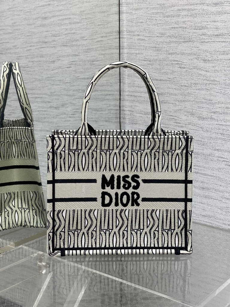 Small Dior Book Tote M1265 Pale Beige and Black Miss Dior Allover Embroidery