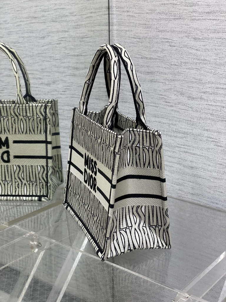 Small Dior Book Tote M1265 Pale Beige and Black Miss Dior Allover Embroidery
