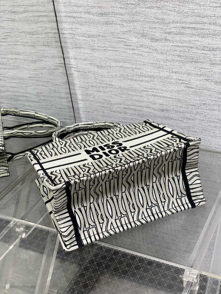 Small Dior Book Tote M1265 Pale Beige and Black Miss Dior Allover Embroidery