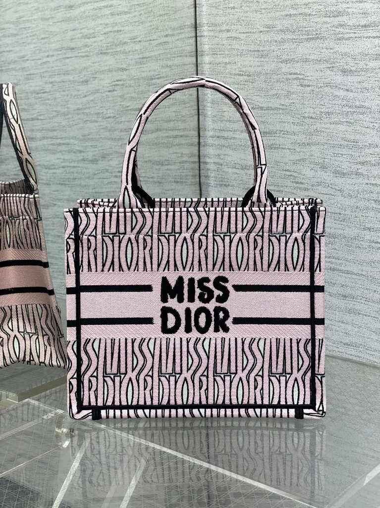 Small Dior Book Tote M1265 White and Pale Pink Miss Dior Allover Embroidery
