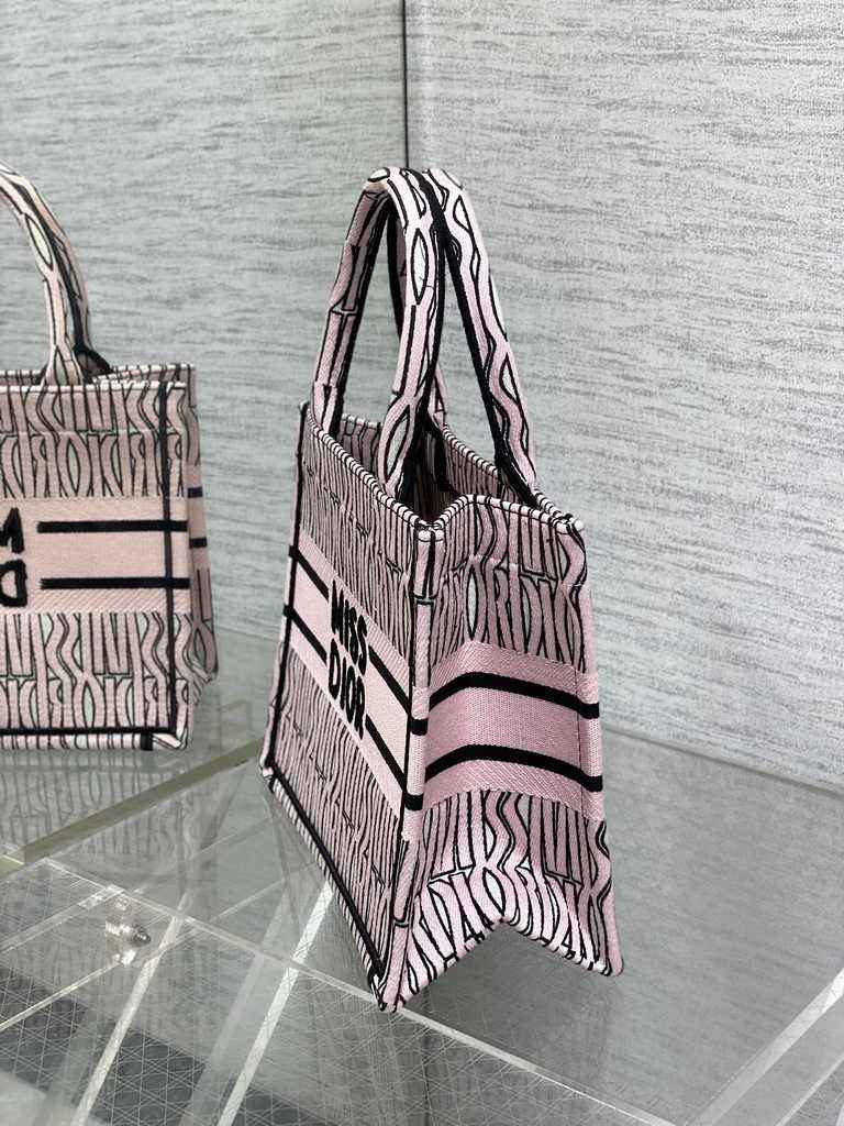 Small Dior Book Tote M1265 White and Pale Pink Miss Dior Allover Embroidery