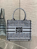 Small Dior Book Tote M1265 Pale Blue and Black Miss Dior Allover Embroidery