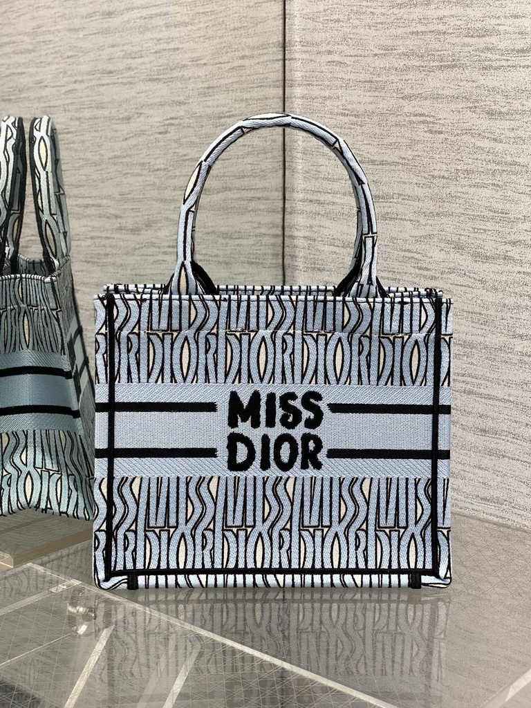 Small Dior Book Tote M1265 Pale Blue and Black Miss Dior Allover Embroidery