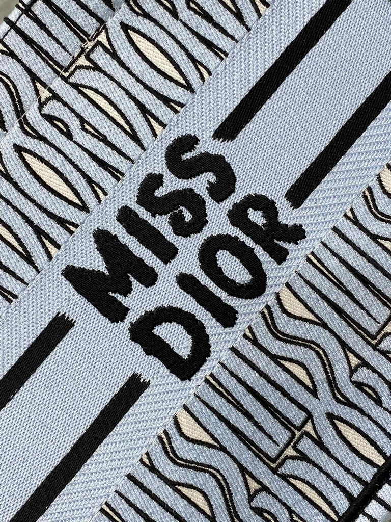 Small Dior Book Tote M1265 Pale Blue and Black Miss Dior Allover Embroidery