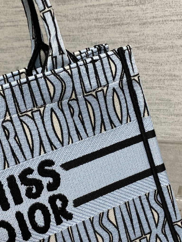 Small Dior Book Tote M1265 Pale Blue and Black Miss Dior Allover Embroidery