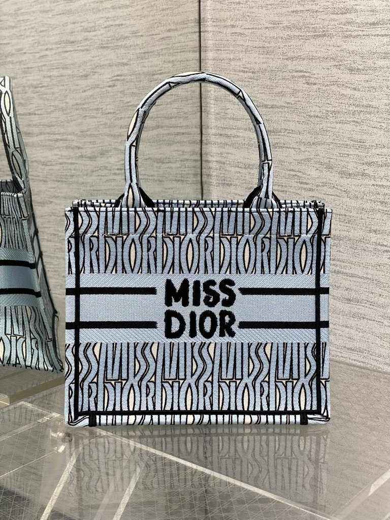 Small Dior Book Tote M1265 Pale Blue and Black Miss Dior Allover Embroidery
