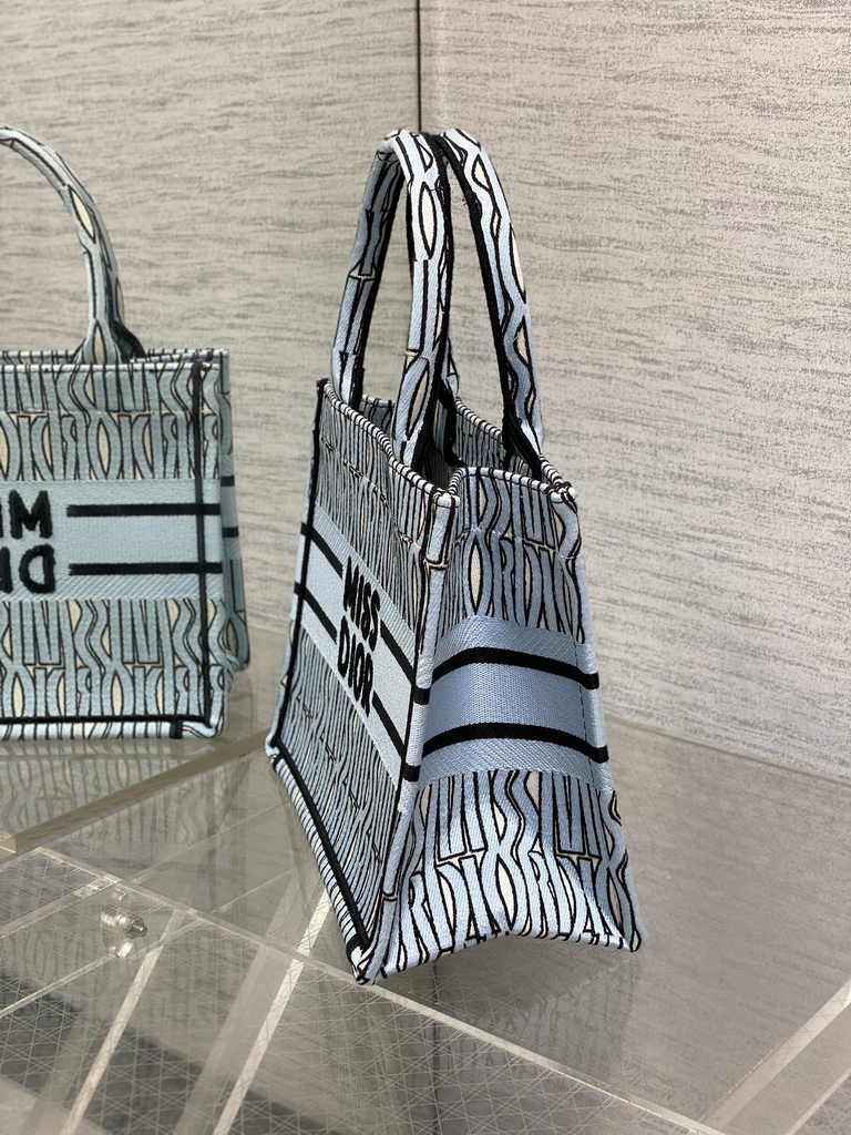 Small Dior Book Tote M1265 Pale Blue and Black Miss Dior Allover Embroidery
