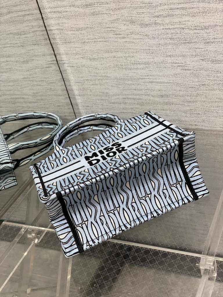 Small Dior Book Tote M1265 Pale Blue and Black Miss Dior Allover Embroidery