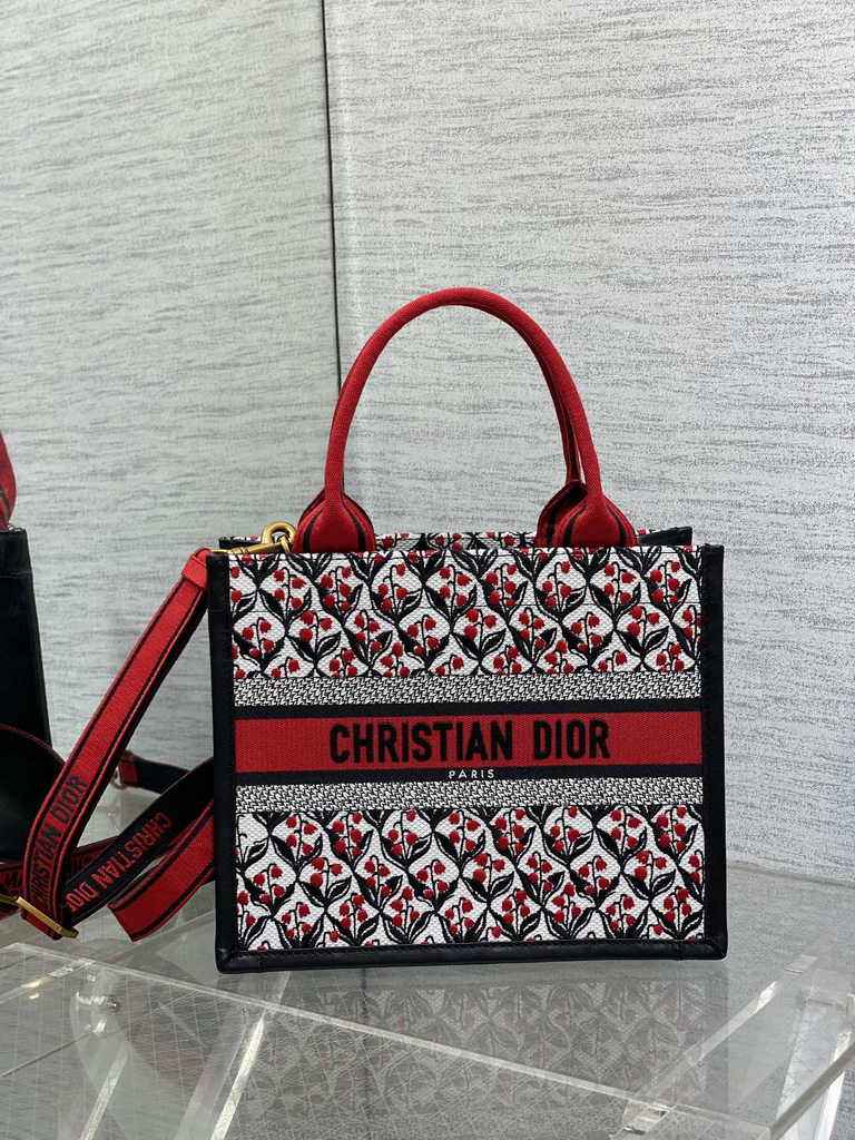 Small Dior Book Tote M1265 White, Black and Red Dior Lily of the Valley Embroidery