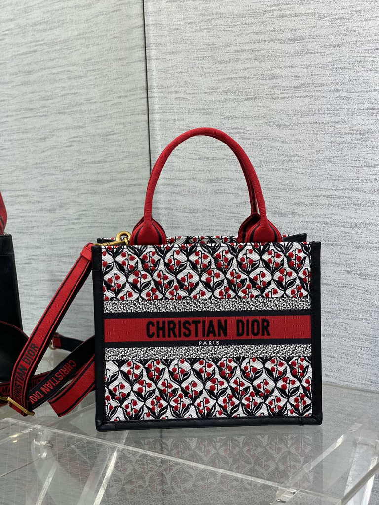 Small Dior Book Tote M1265 White, Black and Red Dior Lily of the Valley Embroidery - Default Title - View 1
