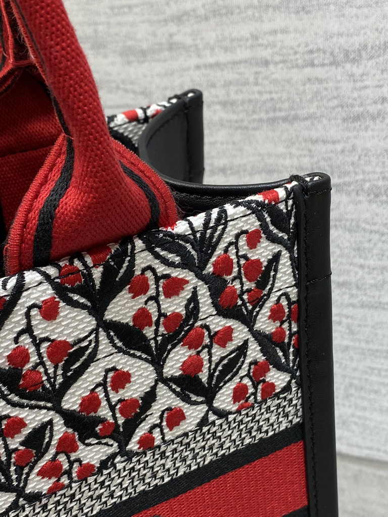 Small Dior Book Tote M1265 White, Black and Red Dior Lily of the Valley Embroidery